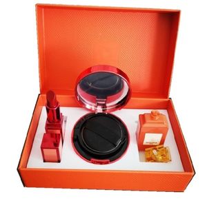 3 en 1 Marca Maquillaje Perfume Set de regalo Color de labios mate Lápiz labial Scarlet Rouge Foundation Cojín Compact Eau De Parfum Cosmetics Fragrance Collection Travel Kit