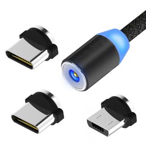 Câbles de téléphone magnétiques 3 en 1 2A LED fil de câble micro USB à charge rapide en nylon de type C pour Samsung Huawei Moto LG