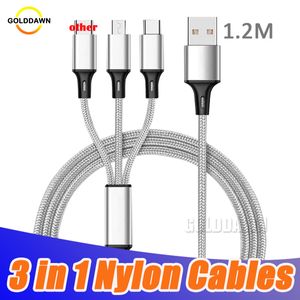 Câbles de charge en nylon 3 en 1 1.2M Micro Usb Type C Cordon de charge tressé rapide pour Huawei Samsung sans emballage de vente au détail