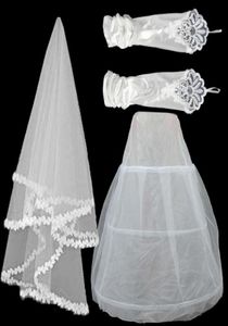 3 en 1 set New Wedding Dress Lace Velo de novia en stock Guantes de gasa de satén estirado Peticoat de tres piezas Accesorios de novia3665769