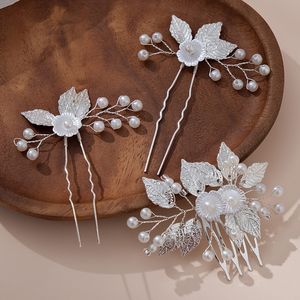 3 Pack Pearl Bridal Wedding Hair Styling Pins Vintage Feuilles de style époux Pièce de tête U Forme Rhinestone Flower Hair Accessoires