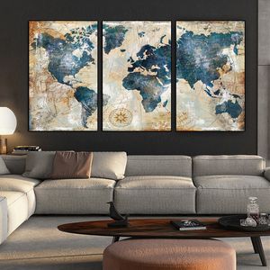 Pintura de mapa del mundo de acuarela de 3 paneles, impresión HD en lienzo, paisaje, pintura de pared Modular, sofá, Cuadros, imagen artística para sala de estar