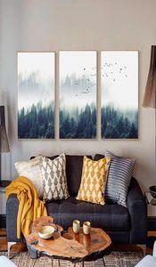 3 panneaux nordique brouillard forêt oiseaux paysage toile peinture à l'huile mur scandinave Art affiche imprime photo salon décoration de la maison a8008054
