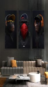 3 panneaux pensant singe avec casque toile peinture à l'huile mur Art drôle animaux affiches imprime photos murales pour salon Hom5676567