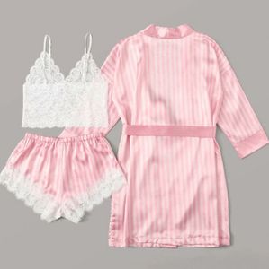 3 PCS Set Women's Fashion Pajamas Set Silk Lace Lingerie Bathrobes Homewear Sleepwear Suit Top + Pant + Robe 2020 new