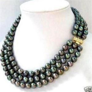 3 filas 7-8MM Collar de perlas akoya negras 17-19inch208T