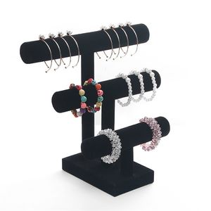 3 niveles de terciopelo negro pulsera desmontable cadena reloj t-bar rack organizador de joyería soporte de exhibición duro 211105