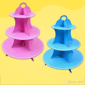 Soportes plegables para cupcakes Cuatro colores Soporte de postre de 3 niveles Patrón de punto redondo Estante de pastel de papel más grueso para banquete de boda 3 9hq BB