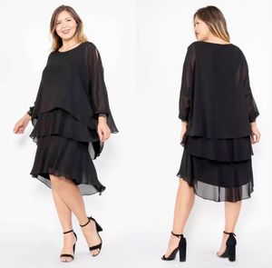 Vestidos para madre de la novia de gasa negra de 3 niveles hasta la rodilla ropa Formal elegante para mujer vestido de madre de manga larga