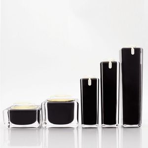 30/50/100ml Square Black Acrylic Bump Bottle Cosmetic Bottle Luxury Skin Care 15/30/50g Jar de crema Caza Evite la olla de contenedores ligeros F02 Meox