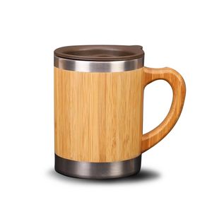 Taza de café de té de bambú de 300 ml Taza de agua portátil Taza de té Taza de viaje de café de acero inoxidable con cubierta a prueba de fugas para oficina en casa 210804