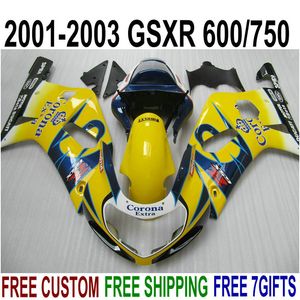 ABS plastik kaporta kiti için SUZUKI GSX-R600 GSX-R750 2001-2003 K1 GSXR 600 750 sarı mavi Corona yeni fairings seti 01-03 EF5