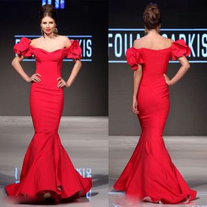 Seksi Kırmızı Mermaid Abiye Kapalı Omuz Kolsuz Mnm Couture Balo Elbise Kat Uzunluk Abiye Ile Fırfır