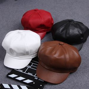Fashion Women PU Leather Beret Hats Solid Artist Painter Octagonal Beanies Cap Newsboy Gatsby Golf Caps