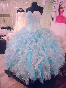 Esplêndidos cristais lantejoulas coloridas Quinceanera Dresses Corset Organza Ruched até o chão Doce do vestido da menina formal Pageant Vestidos real Pictures