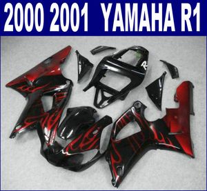 Ücretsiz nakliye plastik kaporta kiti YAMAHA 2000 2001 YZF R1 bodykits YZF-R1 00 01 kırmızı alevler siyah fairings seti BR51 + 7 hediyeler