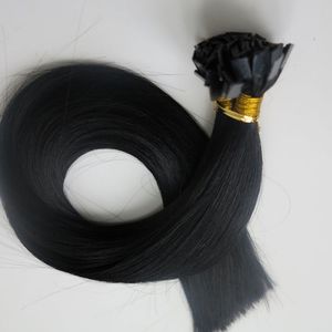 Ön Gümrük Düz Ucu İnsan Saç Uzantıları 100g 100 Strands 18 20 22 24 inç # 1 / Jet Siyah Brezilyalı Hint Keratin Saç ürünleri