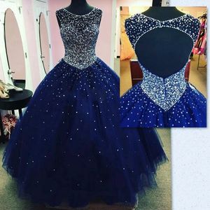 Vestido de baile azul escuro Quinceanera Vestidos Masquerade 2021 pura Pescoço Backless Bling Crystal Pageant Vestidos para Sweet 16
