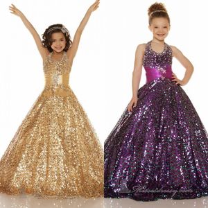 2015 Pullu Shining Uzun Puf Balo Pageant elbise Küçük Kızlar için Yüksek Kalite Halter Kat Uzunluk Örgün Önlük Çiçek Kız Elbise