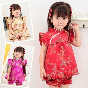 Цветочные детские наборы новорожденных девочек одежда костюмы костюмы Новый год китайский топы платья короткие брюки Qipao cheongsam бесплатная доставка