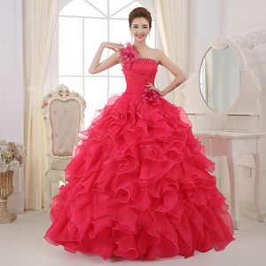 2015 Yeni Kırmızı Pembe Quinceanera Organza Aplikleri ile Beads Beads Boncuklar Kristal Dantelli Elbise 15 Yıllık Quinceanera Elbise 239E