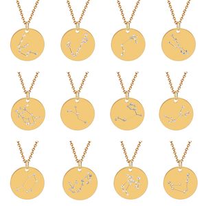 Collana con ciondolo zodiacale oroscopo per donne Gioielli gotici in cristallo Oro 12 costellazioni Collane di dichiarazione Girocollo con ciondolo a moneta rotonda Regali