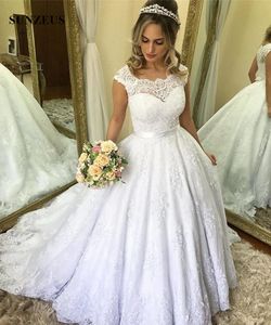 A-line Lace Appliques Cap Sleeve Long Wedding Dresses for Women