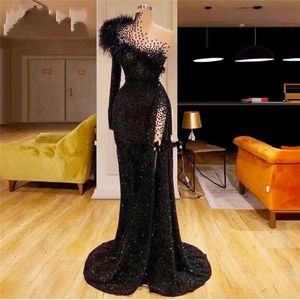 Black One Shoulder Glitter Party Dresses Feather Long sleeves Prom Dresses 2020 New Arrival Saudi Arabic Formal Kaftans Evening Gowns