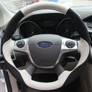 White Genuine Leather Black Suede Hand sewing Car Steering Wheel Cover for Ford Focus 3 2012-2014 KUGA Escape 2013-2016
