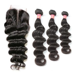 Bella Virgin Brazilian Hair Stuckles с закрытием рыхлой глубокой волны волнистые наращивания крах