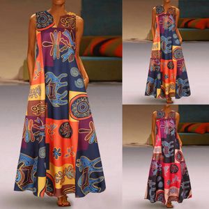 Yeni Kadın Yaz Elbise Artı Boyutu Baskı Günlük Rahat Kolsuz Vintage Bohem V Boyun Maxi Elbise Kadın Moda Vestidos