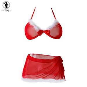 Christmas-Themed Sexy Lingerie Set for Women - Transparent Mesh with Lace-Up Halter, Feather Bra, and Mini Skirt