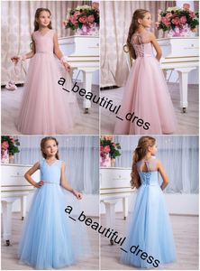 Açık gök mavisi Allık Pembe Küçük Kızlar Resmi Olay Giyim Elbise Pileli V Yaka Uzun Genç Gelinlik törenlerinde Şirin Çiçek Kız Elbise FG1241