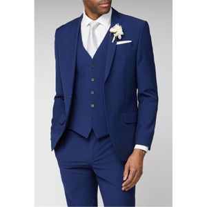 Suits real dos homens azuis Groomsmen Wedding Tuxedos três peças Blazers Designer repicado lapela do terno vestido formal (Jacket + Vest + calça)