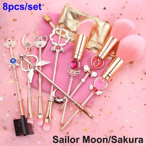 Sailor Moon Makyaj Fırçası 8pcs Sakura Fırçaları Set Sevimli Büyülü Kız Gül Altın Cardcaptor Kozmetik Fırça Pembe Çanta Yüz ve Göz Güzellik Aracı