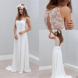 Stil: Einfache böhmische Kleider, A-Linie, weiß, elfenbeinfarben, Spitze, appliziert, Brautkleider, Chiffon, Boho-Hochzeitskleid, plissiert
