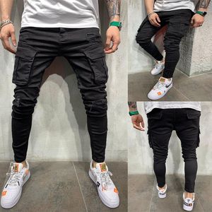 Yeni Siyah Biker Kargo Jeans Erkekler Çok Cep Slim Fit Joggers Pantolon Erkek Yırtık Delik Motosiklet Streetwear Denim Kalem Pantolon