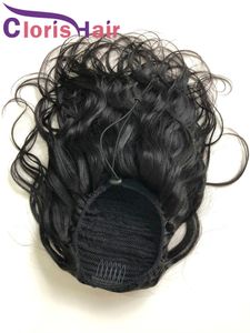 Doğal Dalgalı İnsan Saç At Kuyruğu 100% Ham Hint Remy Gerçek Midilli Kuyruk Klip Klip Siyah Kadınlar için Saç Uzantıları Vücut Dalga İpli Ponytails