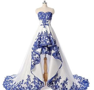 2019 Royal Blue Elegante Laço de Ouro Appliques Sweetheart Vestidos de Provérbios Hi-Lo Varredura Treinar Vestidos de Noite Personalizado Plus Size Mulheres Formal Dress