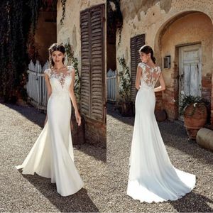 2022 New Vintage Beach Sereia Vestidos de Noiva Sexy Lace Applique Pura Pescoço Comprimento Bohemian Plus Size Bidal Wedding Vestidos BC0833