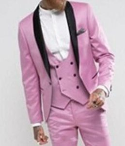 Yeni Moda Pembe Slim Fit Damat Smokin Siyah Şal Yaka Groomsmen Erkek Gelinlik Mükemmel Adam 3 Parça Suit (Ceket + Pantolon + Yelek + Kravat) 605