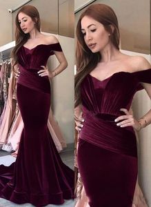 Vintage Mermaid Velvet Evening Dresses 2019 Off The Shoulder Pleats Arabic Formal Party Gowns Prom Dresses Abendkleid