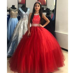 Juniors Prom Quinceanera Dresses Halter Top partido do doce 16 do regresso a casa graduação Vestido de cristal Tulle Red A linha de noite formal Vestidos Meninas