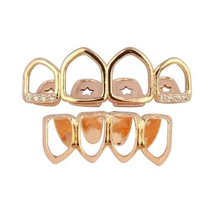 Grills Hip Hop 4 Teeth Hollow Band Diamond Braces Gold Plated Drip Grillz Bling Bling Gold Teeth