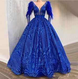 Tüy uzun kollu kraliyet mavisi payetler dantel zarif akşam resmi elbise glitz yarışmacı elbiseler için kızlar parti balo elbiseleri es