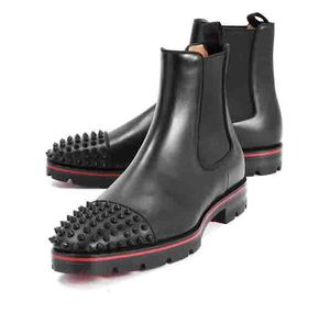 Lüks tasarımcı sıradan ayakkabılar erkek ayak bileği botları kırmızı deri erkekler çivili bot düşük topuklu gerçek deri süet perçinli kavun sivri düz kısa şövalye bootie lastik