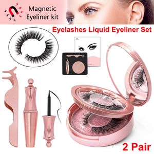 Magnetische Wimpern mit magnetischem Flüssig-Eyeliner, 5 Magnete, Wimpern-Make-up-Set, 2 Paar, wiederverwendbare falsche Wimpern, Make-up-Spiegel + Pinzette, kein Kleber erforderlich