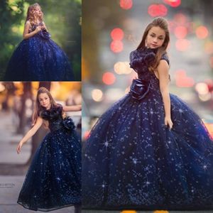 Lüks Kraliyet Mavi Kızlar Pageant Elbiseler 2019 Prenses Balo Crew Boyun Büyük Sequins Ruffles Çocuklar Örgün Çiçek Kız Elbise
