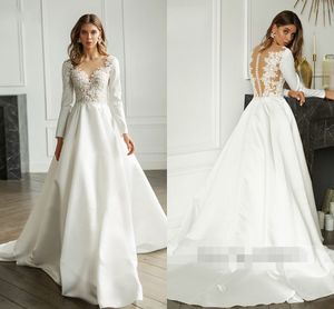 Basit Prenses A-line Gelinlik İmparatorluğu Bel Dantel Boncuklu Uzun Kollu Hollow Geri Wedding Guest Elbise Gelinlik elbiseler de mariée