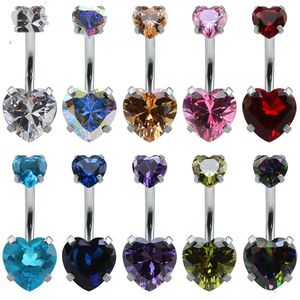 Bulk Lots 9 Colors Double Heart Zicron Stainless Steel Jewelry Navel Bars Silver Belly Button Ring Navel Body Piercing Jewelry